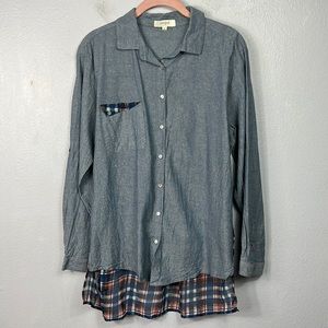 Umgee Chambray Long Sleeve Semi Sheer Plaid Back Button Front Shirt Large